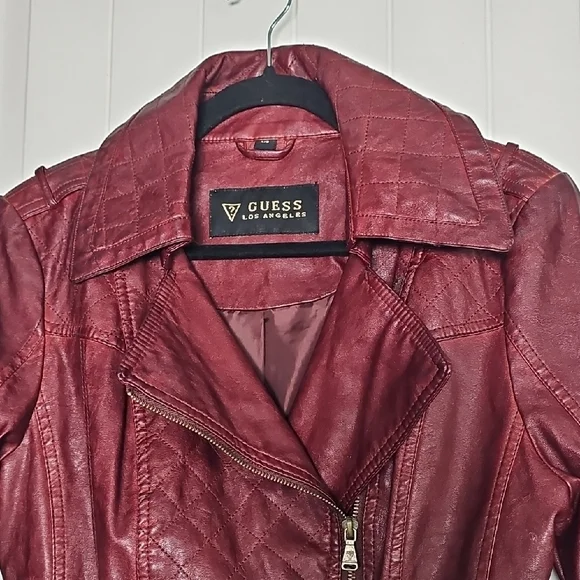 Guess Red Leather Biker Jacket with Asymmetrical Zipper - Picture 4 of 17